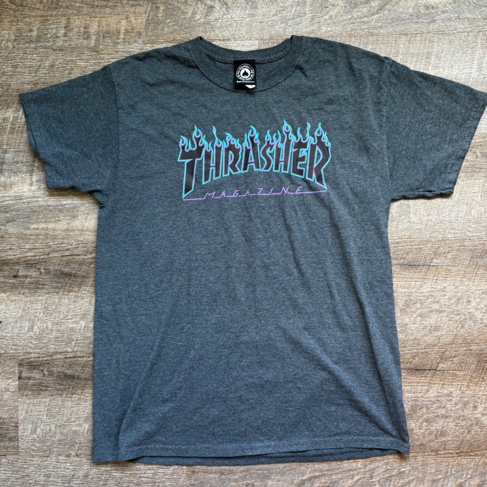 Thrasher Magazine Flame Logo T-Shirt Large Regular Charcoal Gray Blue Graphic